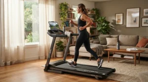 A compact iPad holder for treadmill workouts set up on folding exercise equipment in a small apartment.
