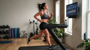 An athlete checking interval timers on a secure iPad holder for treadmill workouts during a sweat session.