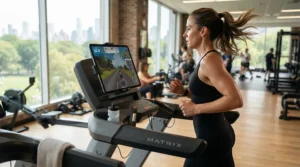 A large screen iPad holder for treadmill workouts holding a tablet securely on a gym equipment console.