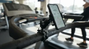 A stable iPad holder for treadmill workouts keeping the screen steady during a fast-paced running session.