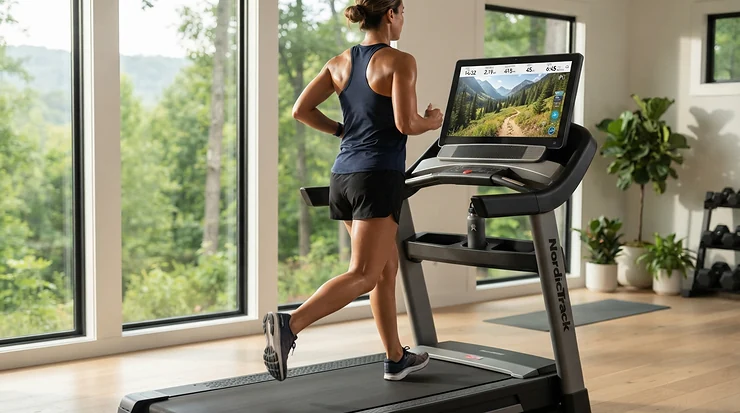 A runner using an iPad holder for treadmill workouts to view virtual outdoor running trails on a tablet.