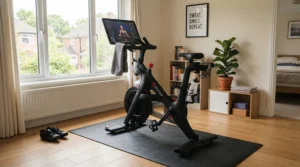 Cardio machine placed on top of a rubber vs foam mat for home gym flooring in a spare room.