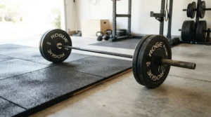 Close-up comparison of rubber vs foam mat for home gym flooring showing heavy barbell impact resistance.