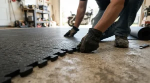 Step-by-step assembly of a rubber vs foam mat for home gym flooring in an empty garage.