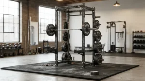 Heavy equipment rack resting on a rubber vs foam mat for home gym flooring setup.