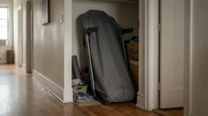 A universal elliptical cover for small apartment gym keeping dust away near a hallway storage nook.