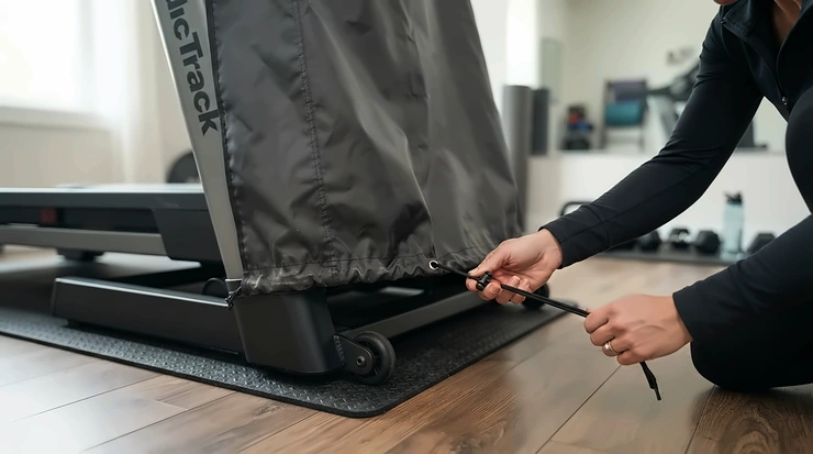 Adjusting the hem on a universal elliptical cover for small apartment gym for a snug, secure fit.