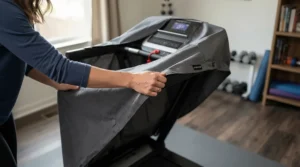 Demonstrating how a universal elliptical cover for small apartment gym slips easily over a compact trainer.