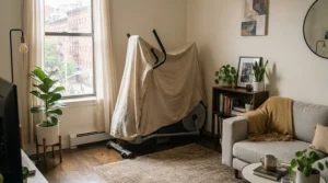 A universal elliptical cover for small apartment gym neatly fitted over a trainer in a cozy city living room.