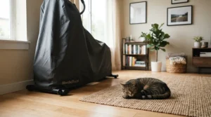 A universal elliptical cover for small apartment gym safeguarding workout gear from pet hair and dust.