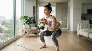 A universal elliptical cover for small apartment gym protecting cardio equipment in an open-plan studio space.