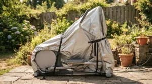 A weather-resistant UV protection cover for treadmill stored outdoors protecting plastic parts from heat.