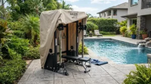 A waterproof UV protection cover for treadmill stored outdoors near a sunny backyard swimming pool.