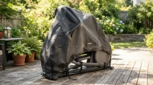 A durable UV protection cover for treadmill stored outdoors on a sunny suburban backyard patio.