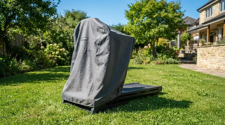 A heavy-duty UV protection cover for treadmill stored outdoors preventing sun bleaching on sunny days.