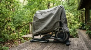 Using a durable waterproof cover for exercise equipment on patio to prevent rust on an elliptical trainer.