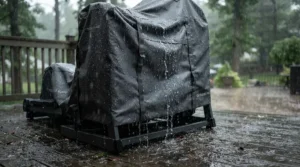 High fabric rating waterproof cover for exercise equipment on patio enduring heavy summer thunderstorms.