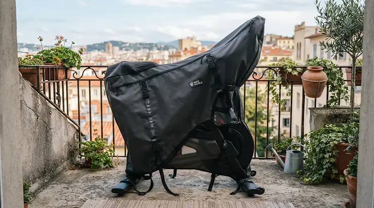 An outdoor waterproof cover for exercise equipment on patio safeguarding an upright exercise bike from moisture.
