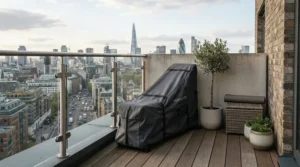A smart outdoor storage solution featuring a fitted waterproof cover for exercise equipment on patio decks.