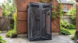 A heavy-duty waterproof cover for exercise equipment on patio protecting a home gym weight stack.