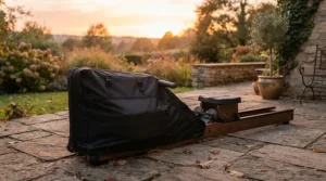 A weather-resistant waterproof cover for exercise equipment on patio keeping a rowing machine dry.