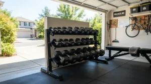 Using a waterproof vs dust cover for home gym equipment in a suburban two-car garage setup.