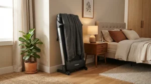 A sleek waterproof vs dust cover for home gym equipment blending into a modern spare bedroom fitness corner.