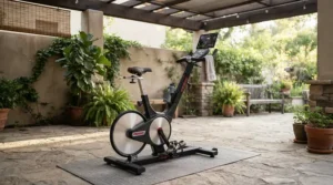 A waterproof vs dust cover for home gym equipment setup on a covered outdoor patio in an American backyard.
